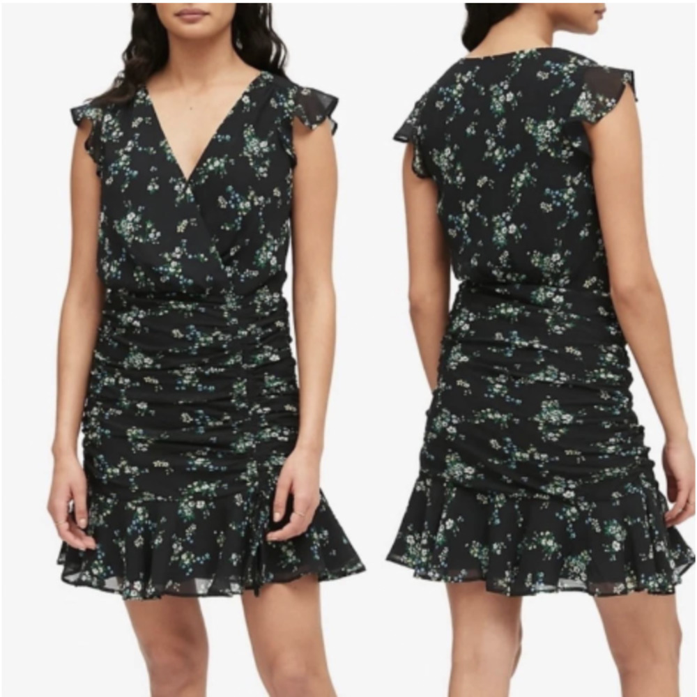 Banana Republic Black Floral Ruched Wrap Ruffle Mini Dress